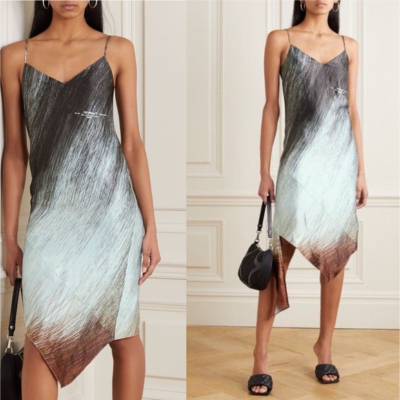 Off-White Bouroullec Asymmetrical Slip Dress Satin Green Multi 42 EUC - Picture 1 of 10